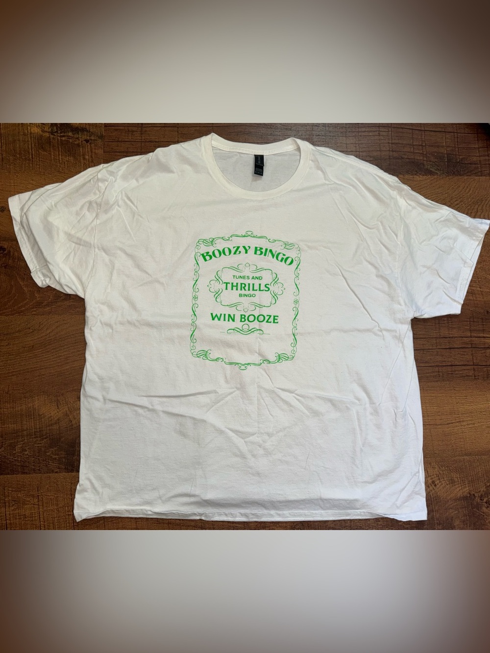 Gildan White Short Sleeve Tee with Bright Green 'Boozy Bingo' Graphic